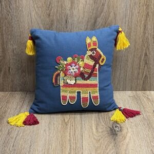 Pier 1 Piñata Donkey Pillow Blue Beaded Zip Up Tassels 12"x12"